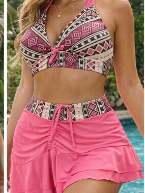 Pink Aztec Print Swim Set with Skirt